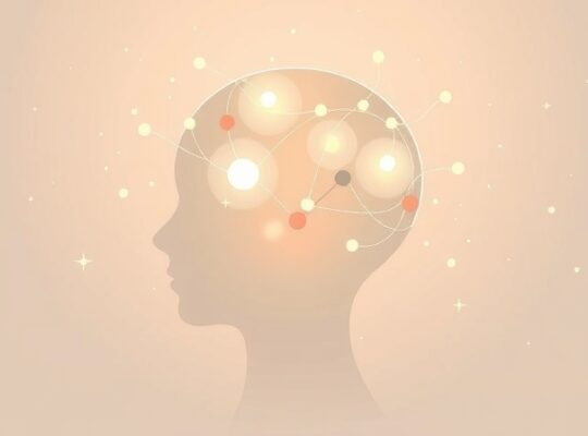 Stylizowana głowa z połączonych linii, strumienie koloru symbolizujące rozmowy, łączące się informacje.