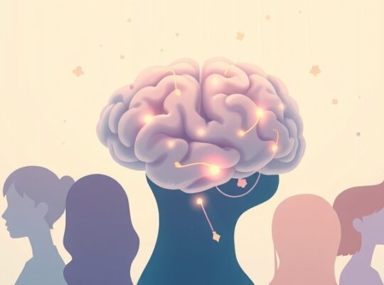 Stylizowany mózg z połączonymi ścieżkami, otoczony subtelnymi sylwetkami ludzi.