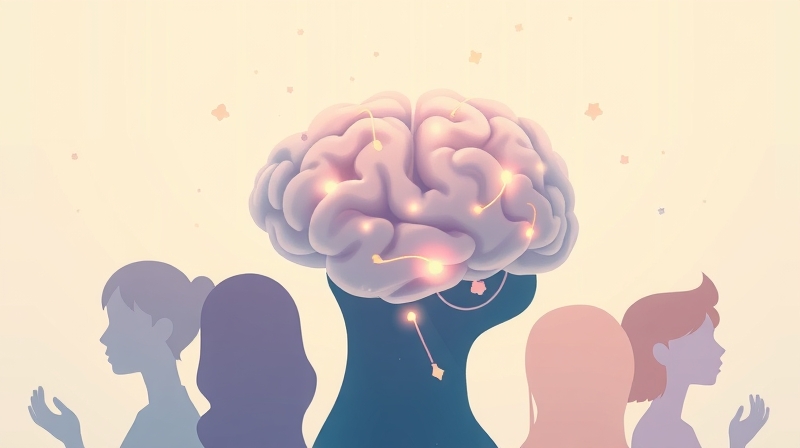 Stylizowany mózg z połączonymi ścieżkami, otoczony subtelnymi sylwetkami ludzi.