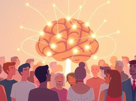 Stylizowany mózg promieniujący światłem łączącym się z radośnie uśmiechniętymi postaciami.