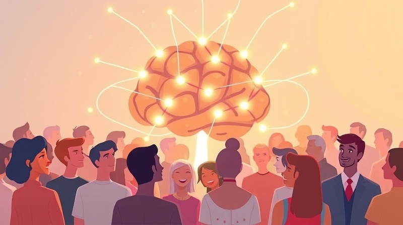 Stylizowany mózg promieniujący światłem łączącym się z radośnie uśmiechniętymi postaciami.