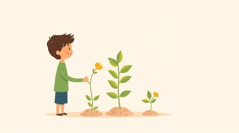 Symboliczna ilustracja: troska o roślinę i kwitnący krzew jako metafora równowagi w opiece.
