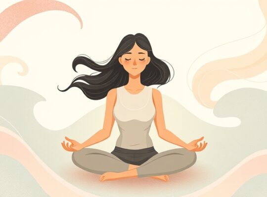 Uspokojona kobieta medytuje w wirze pastelowych kształtów, symbolizujących życiowe wyzwania.