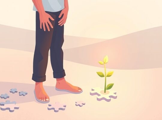 Osoba pielęgnuje świetlistą roślinę na chwiejnej ścieżce z puzzli.