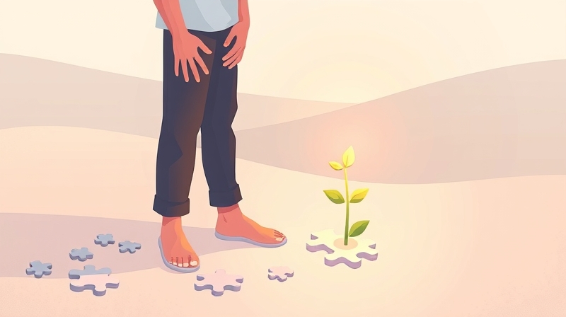 Osoba pielęgnuje świetlistą roślinę na chwiejnej ścieżce z puzzli.