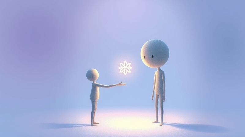 Dwie abstrakcyjne postacie połączone świetlistym wątkiem, symbol indywidualności i wsparcia.