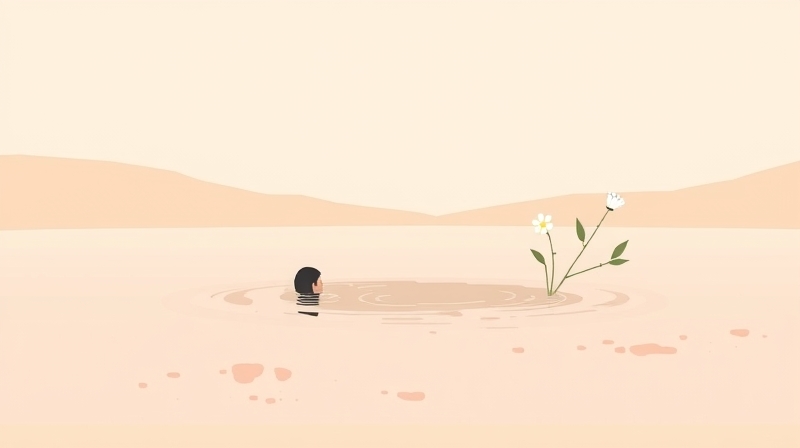 Abstrakcyjny krajobraz pastelowy, postać w wodzie, kwitnące kwiaty symbolizujące odnajdywanie siebie w żałobie.