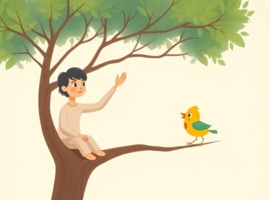 Delikatna, pastelowa ilustracja drzewa, rodzic oferuje dłoń, dziecko – ptak – zaciekawione.
