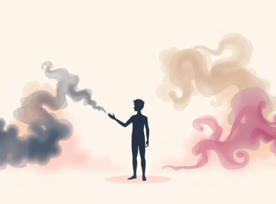 Postać w pastelowym blasku obserwuje ciemne i jasne obłoki, symbolizując spokój w obliczu krytyki.