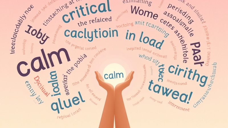 Spokojna osoba trzyma łagodnie świecący punkt, otoczona wirującą krytyką.