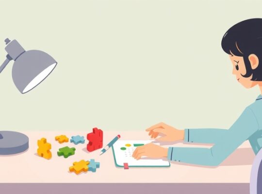 Osoba spokojnie układa kolorowe puzzle zadań na pastelowym biurku.