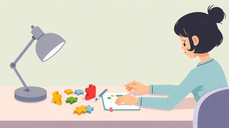 Osoba spokojnie układa kolorowe puzzle zadań na pastelowym biurku.