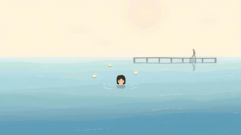 Postać unosi się na pastelowym oceanie emocji, światła nadziei wznoszą się ku niebu.