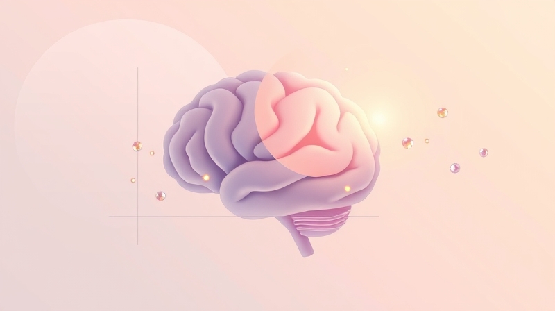 Stylizowany mózg w pasteli, z subtelnymi myślami i cząsteczkami żelaza.