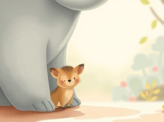 Nieśmiałe stworzenie wyłaniające się zza opiekuńczego, pastelowego bohatera.