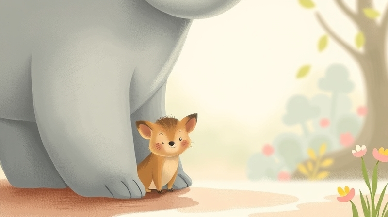 Nieśmiałe stworzenie wyłaniające się zza opiekuńczego, pastelowego bohatera.