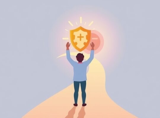 Osoba z tarczą z puzzli, przechodząca od niepewności do stabilności.