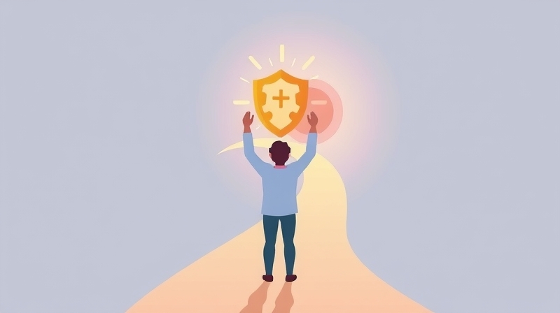 Osoba z tarczą z puzzli, przechodząca od niepewności do stabilności.