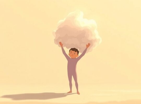 Uduchowiona postać zdejmuje z ramion symboliczny ciężar, odzyskując spokój.