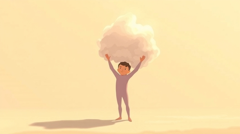 Uduchowiona postać zdejmuje z ramion symboliczny ciężar, odzyskując spokój.