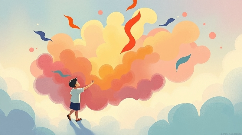 Delikatna postać sięga ku wirującym barwnym emocjom w bezpiecznej, pastelowej atmosferze.