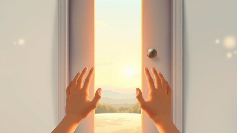 Ręce otwierają drzwi: spokój i mglista niepewność przed radością.