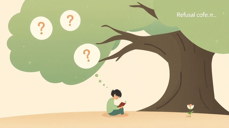 Spokojna postać czyta pod drzewem, myśląc o rozwoju i przezwyciężaniu lęków.