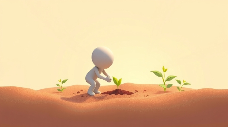 Ilustracja: mała postać sadzi nasiono, symbolizując nadzieję i odwagę w obliczu niepewności.