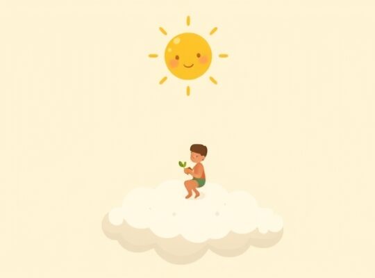 Samotna postać na chmurze trzyma świecące nasionko pod ciepłym, przyjacielskim słońcem.