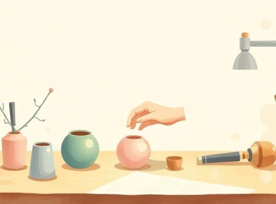 Osoba kładzie imperfectny przedmiot na stole, otoczona pastelowym światłem.