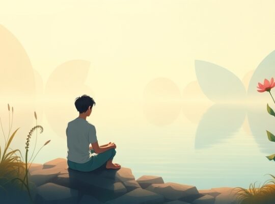 Spokojna postać przy wodzie, otoczona symbolami wewnętrznego spokoju.