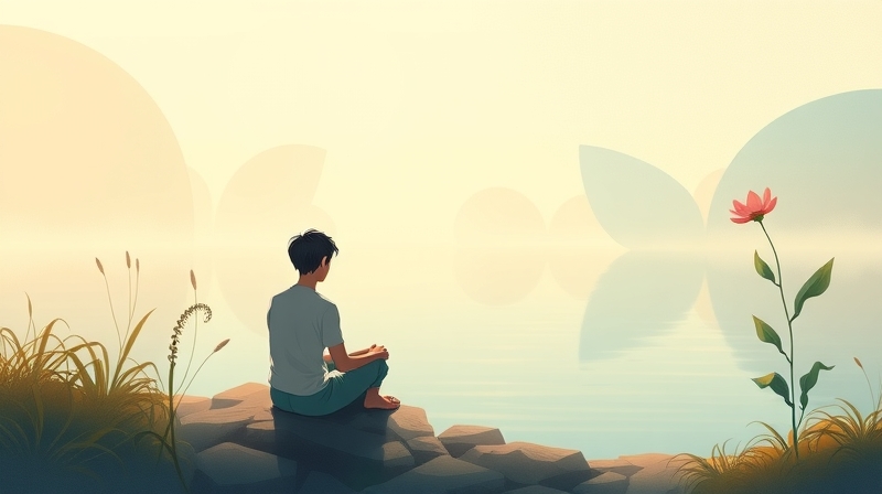 Spokojna postać przy wodzie, otoczona symbolami wewnętrznego spokoju.