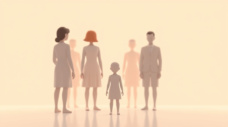 Samotna postać oddzielona od grupy w pastelowej, spokojnej scenie.