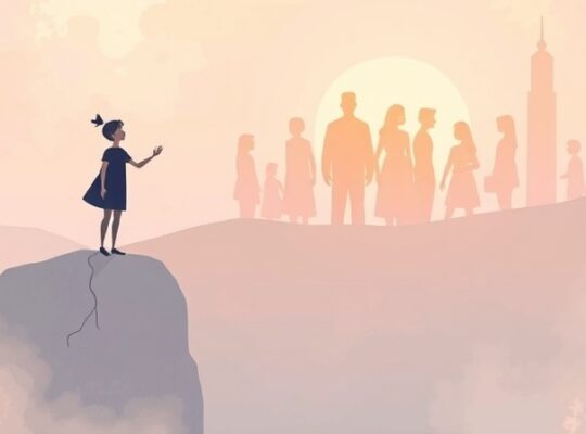 Ilustracja: Postać wyciąga dłoń do świecącej, połączonej społeczności.