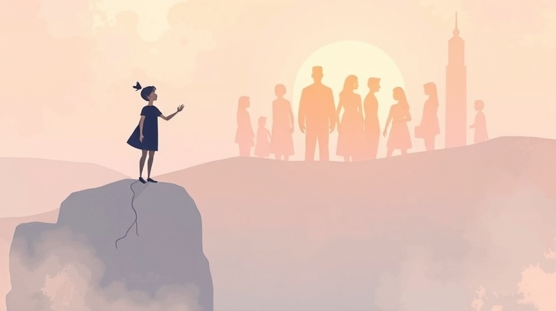 Ilustracja: Postać wyciąga dłoń do świecącej, połączonej społeczności.