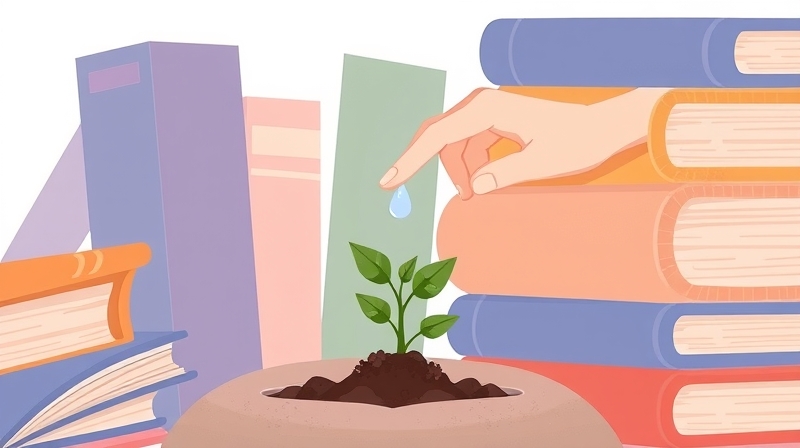 Mały, delikatny sadzonek wśród książek, pielęgnowany przez pomocną dłoń.