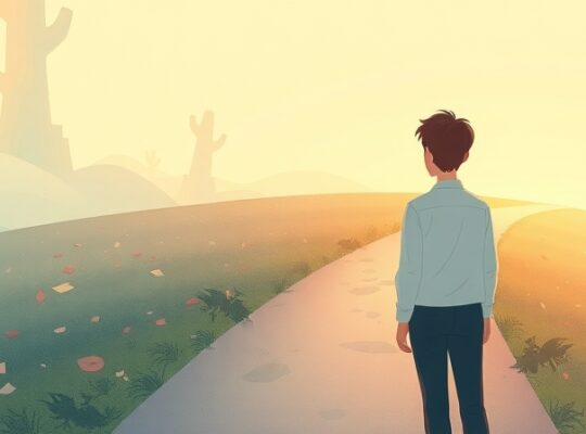 Osoba patrzy na rozdroże, przeszłość jest rozproszona, przyszłość w ciepłym świetle.