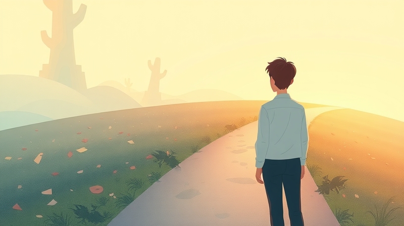 Osoba patrzy na rozdroże, przeszłość jest rozproszona, przyszłość w ciepłym świetle.