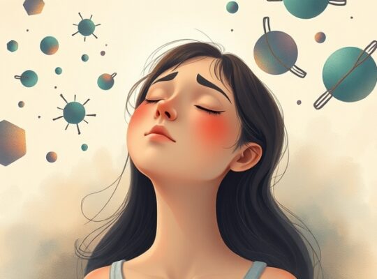 Spokojna ilustracja pastelowa: osoba oddycha głęboko, wirują emocje, rodząca się harmonia.