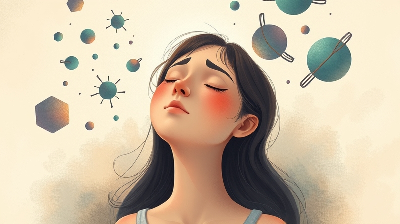 Spokojna ilustracja pastelowa: osoba oddycha głęboko, wirują emocje, rodząca się harmonia.