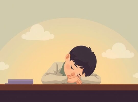 Ilustracja: postać skulona nad biurkiem, z szarymi chmurkami, emanująca nadzieją.