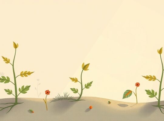 Zwiędły pęd rośliny sięga ku światłu, otoczony okazami w kwiecie.