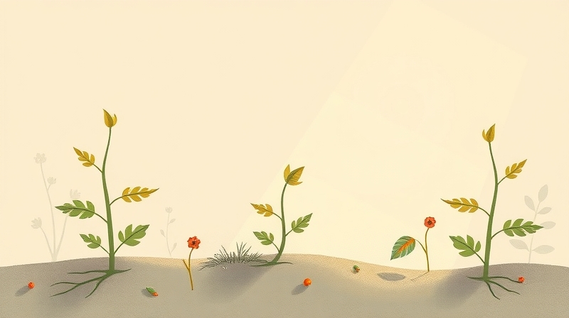 Zwiędły pęd rośliny sięga ku światłu, otoczony okazami w kwiecie.