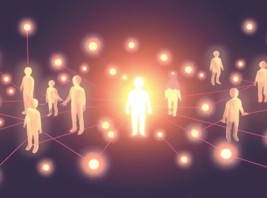 Sieć świecących postaci, subtelnie oddających struktury mózgu — motywacja społeczna.