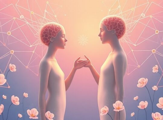 Eteryczne postacie odzwierciedlające emocje, splatające się z abstrakcyjnymi ścieżkami neuronalnymi i kwiatami.