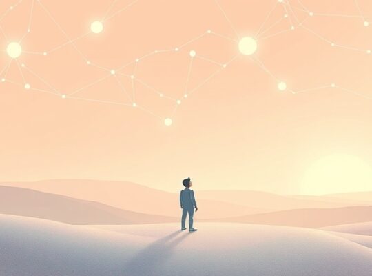 Abstrakcyjna wizja spokoju, światło neuronów i postać w kontemplacji.