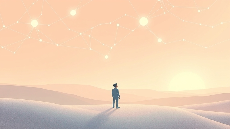 Abstrakcyjna wizja spokoju, światło neuronów i postać w kontemplacji.