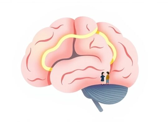 Stylizowany mózg ze świetlistymi połączeniami do zrozumienia interakcji.