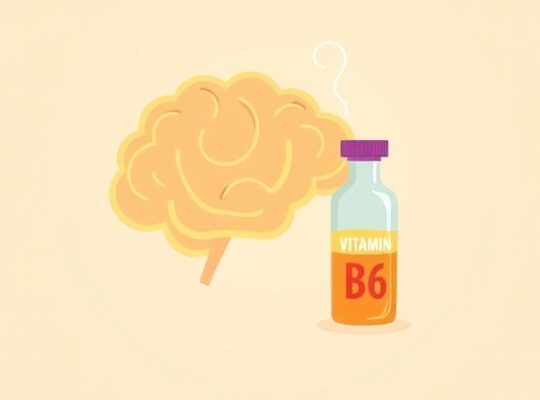 Połączenie zdrowego mózgu z syczącą witaminą B6, symbolizujące odkrycie związku z depresją.