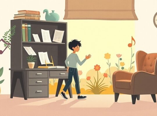 Osoba wychodzi zza biurka w stronę kwitnącego ogrodu, otoczona symbolami pasji i odpoczynku.